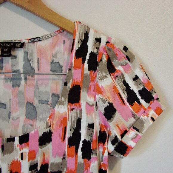 Femme Multicolour Midi Dress Short Sleeve Ruffle Hem Office Work Size Small - Picture 7 of 11